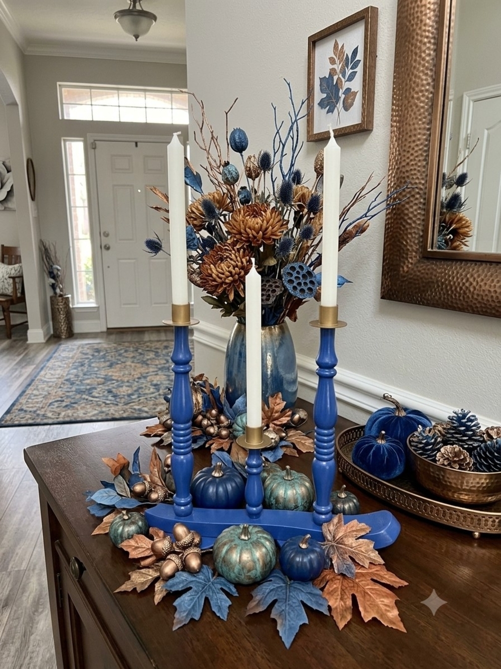 Colbalt Royal Blue 3-Arm Wood Candelabra Taper Candle Holder Gold Metal Cups